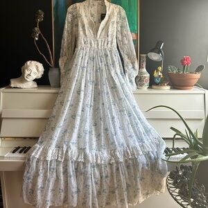 White and Blue Tiered Long Sleeve Sundress with Mandarin Collar